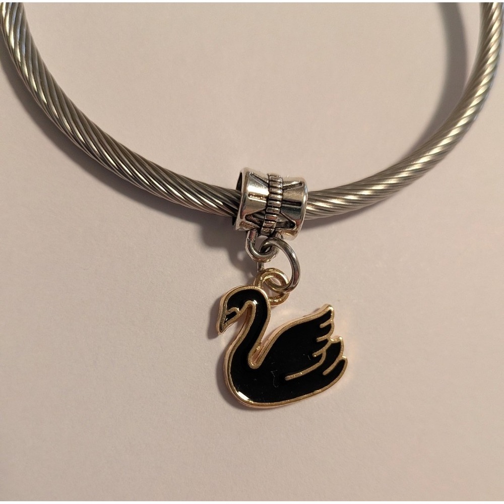 Black Enamel Swan Charm Gold Tone Outline Silver Bail Bird Pendant Jewelry